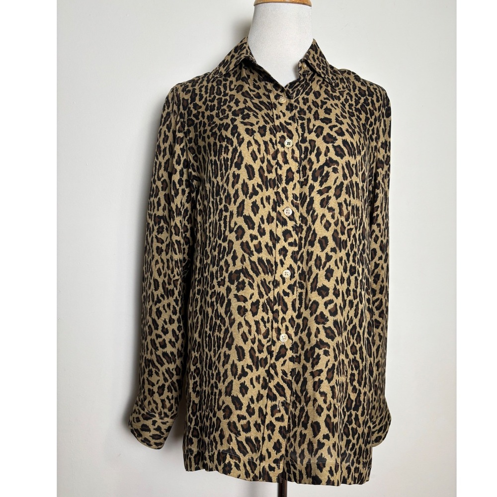 Lauren Ralph Lauren Womens Silk Top S Leopard Print Button Up Luxury Mob Wife